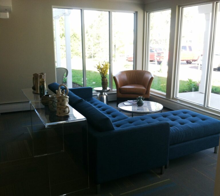 Waiting room with blue lounge couch and brown leather chair