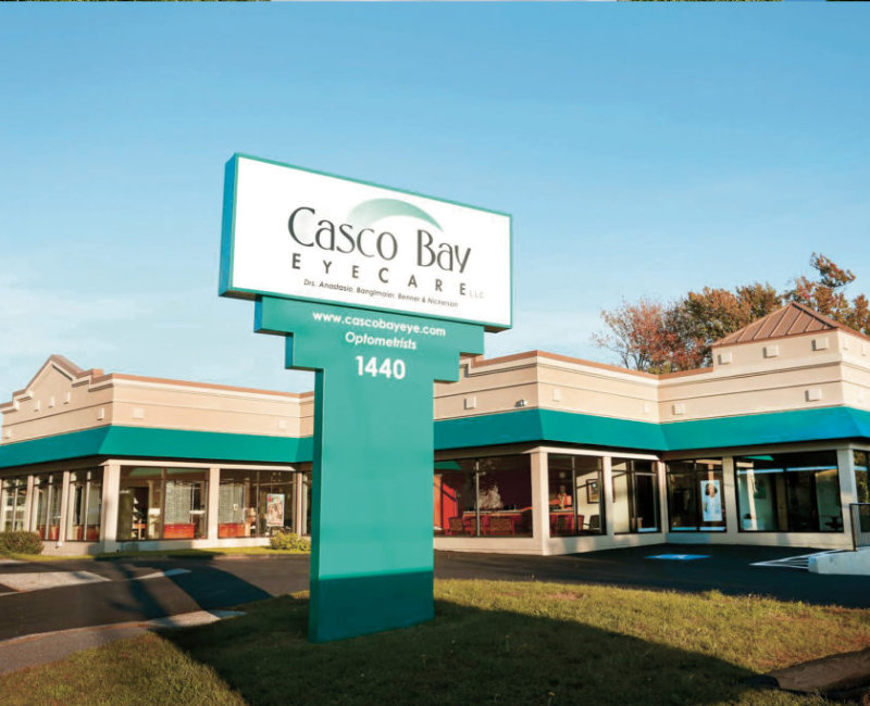 Teal and beige building for Casco Bay Eyecare
