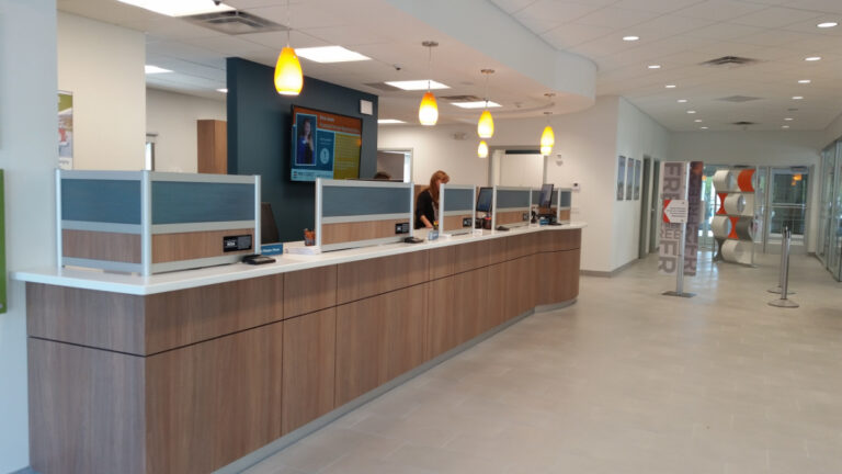 Front desk area with lights