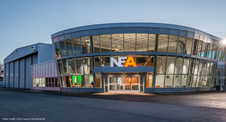 NEA building with large glass windows