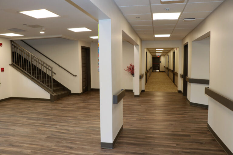 Indoor apartment complex hallway